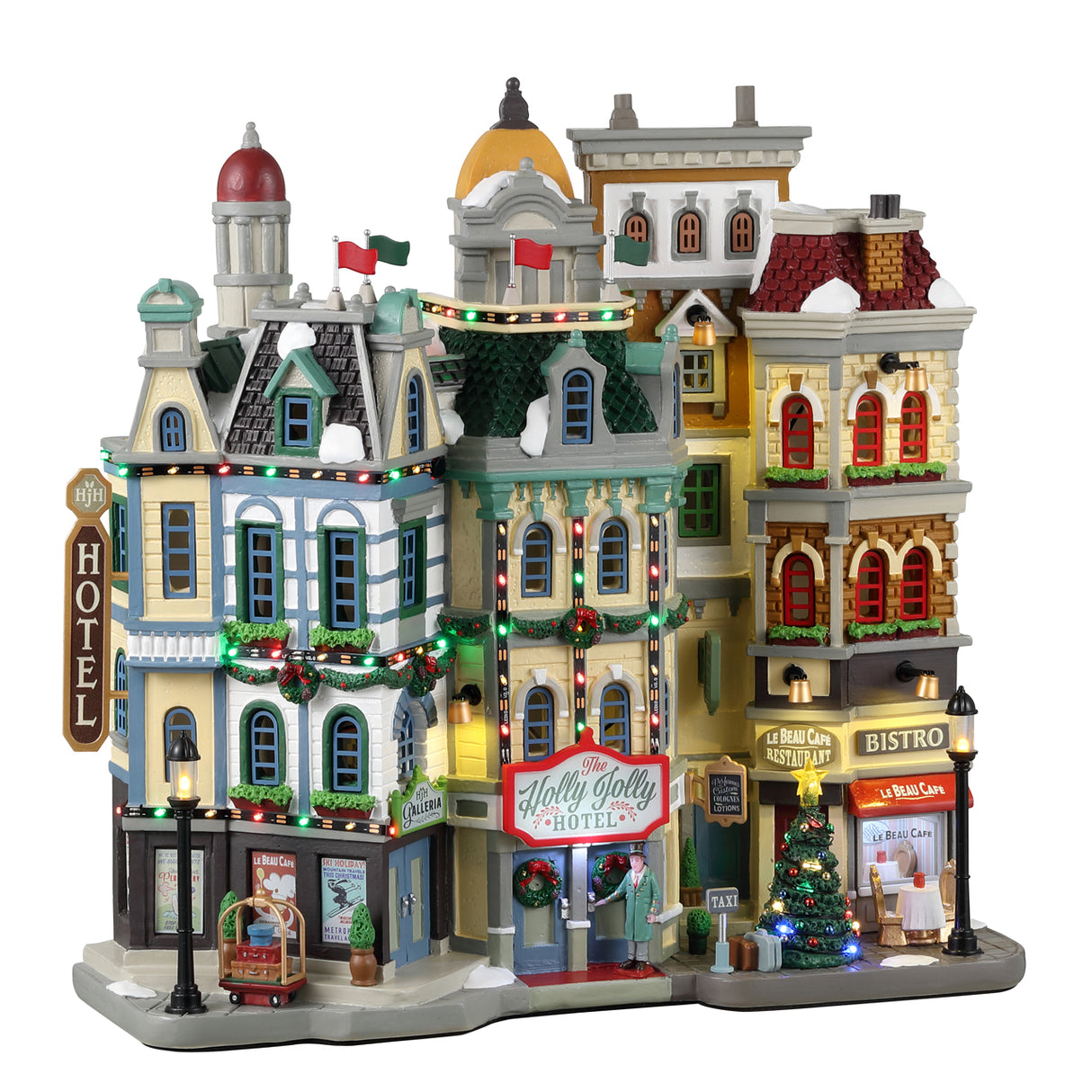 Resin lighted building for a Lemax display. Designed to look like a bunch of storefronts decorated for Christmas. There's a hotel, a cafe and a bistro.