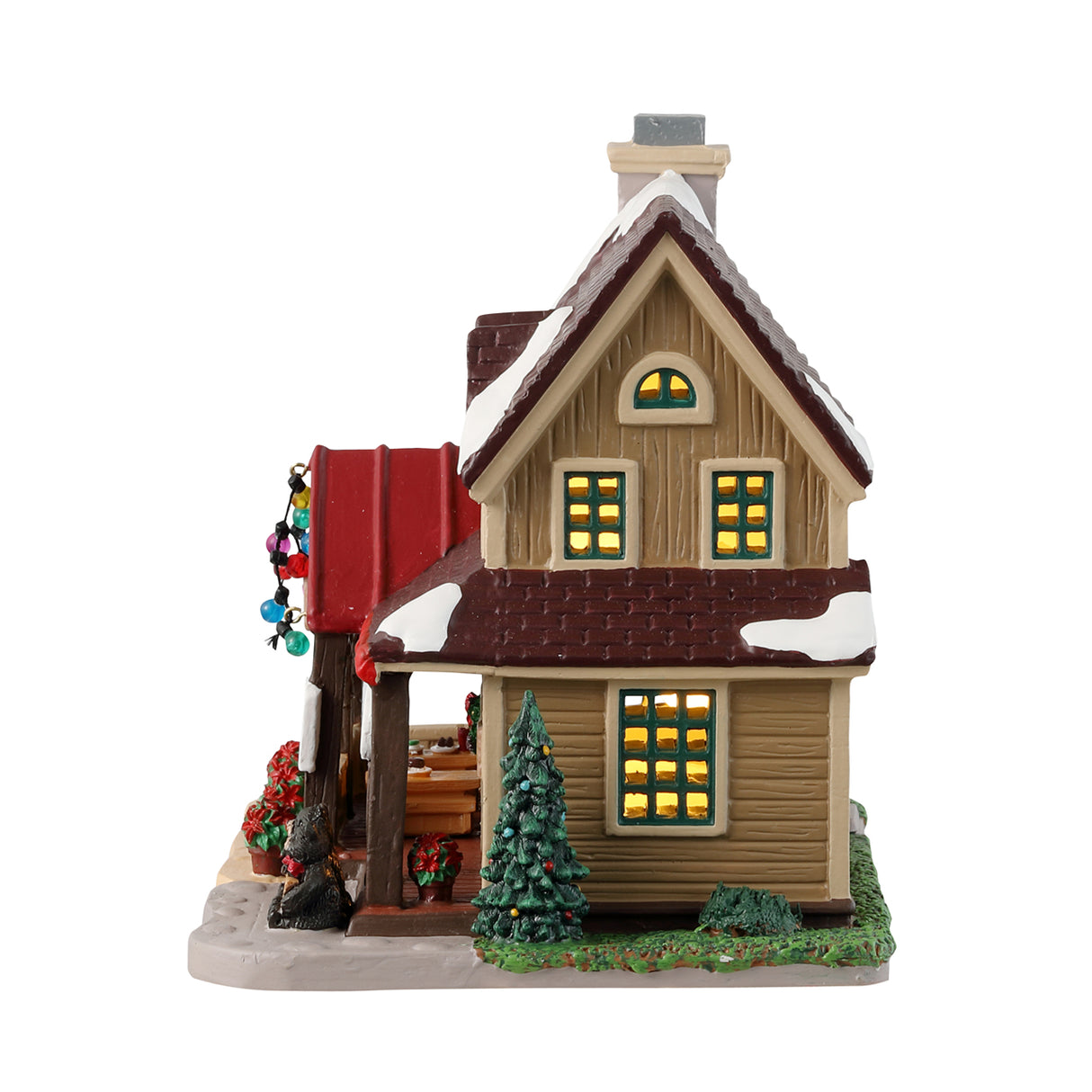 Porcelain lighted building for a Lemax Village display. Designed to look like a brown house with a stone chimney. Decorated with snow, poinsettias, multi-colored string lights and three bears wearing red bow ties holding a sign that reads "Welcome."
