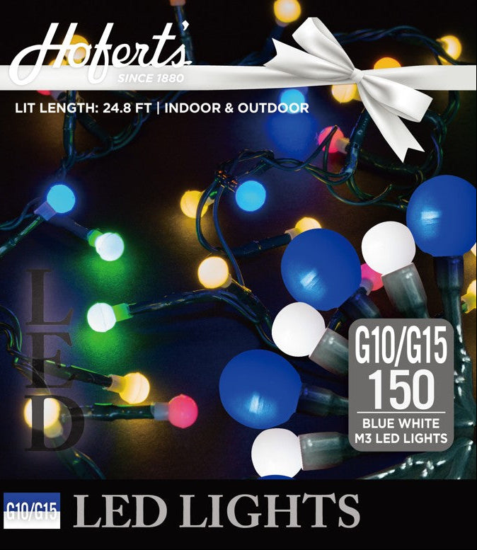 This image shows the packaging that these lights come in. It reads "Hofert's since 1880. Lit length is 24.8 ft. For indoor and outdoor use. G10/G15 150 blue white M3 LED lights."