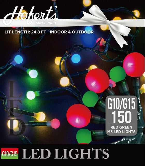 This image shows the packaging that these lights come in. It reads "Hofert's since 1880. Lit length is 24.8 ft. For indoor and outdoor use. G10/G15 150 red green M3 LED lights."