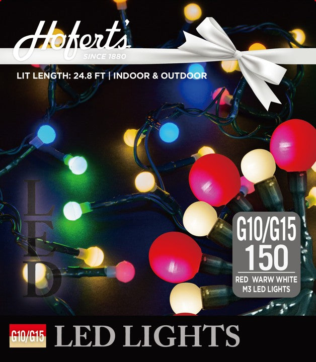 This image shows the packaging that these lights come in. It reads "Hofert's since 1880. Lit length is 24.8 ft. For indoor and outdoor use. G10/G15 150 red warm white M3 LED lights."