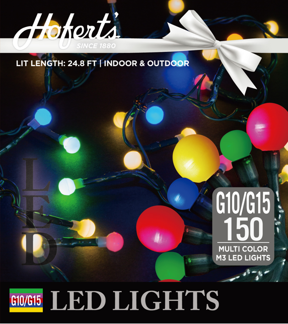 This image shows the packaging that these lights come in. It reads "Hofert's since 1880. Lit length is 24.8 ft. For indoor and outdoor use. G10/G15 150 multi color M3 LED lights."