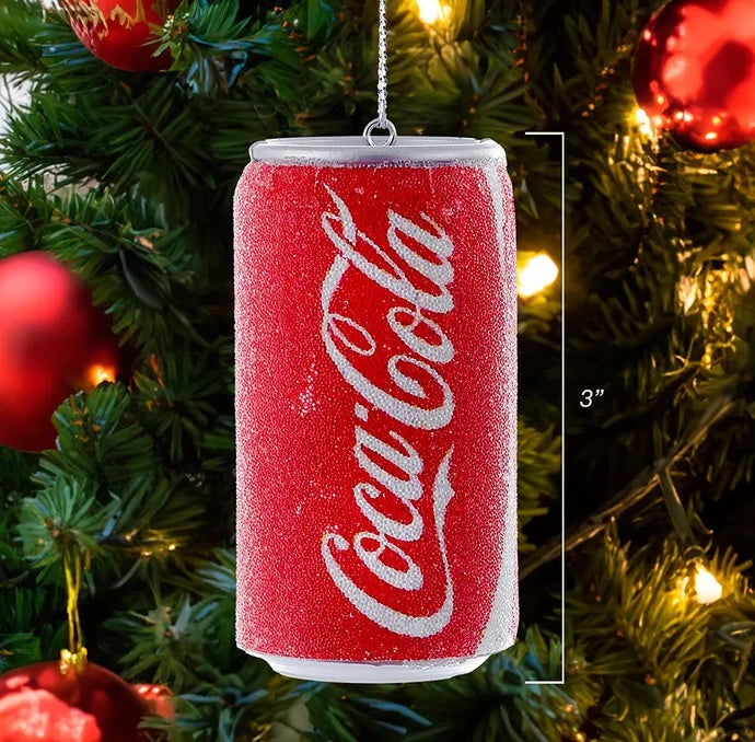 One ornament is red and reads "Coca Cola" in a white, cursive font. One ornament is silver and reads "Diet" in a black, cursive font and "Coke" in red block letters. Beads covering the outside for a frosty-cold look.