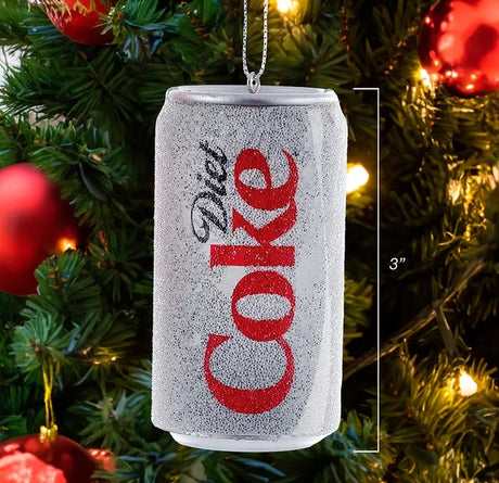 One ornament is red and reads "Coca Cola" in a white, cursive font. One ornament is silver and reads "Diet" in a black, cursive font and "Coke" in red block letters. Beads covering the outside for a frosty-cold look.