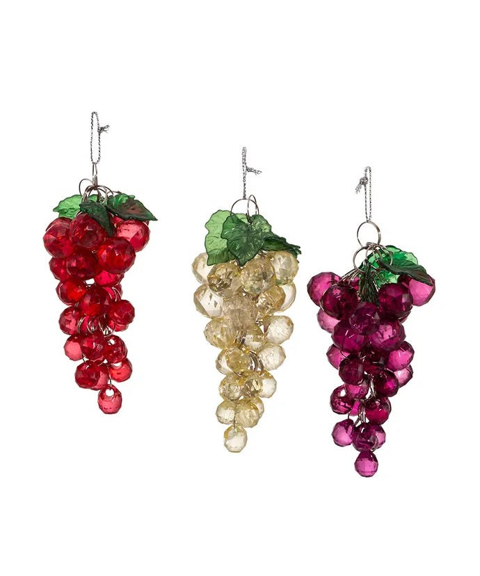 Ornament shaped like a cluster of grapes. There are three options. One is purple, one is green and one is burgundy.