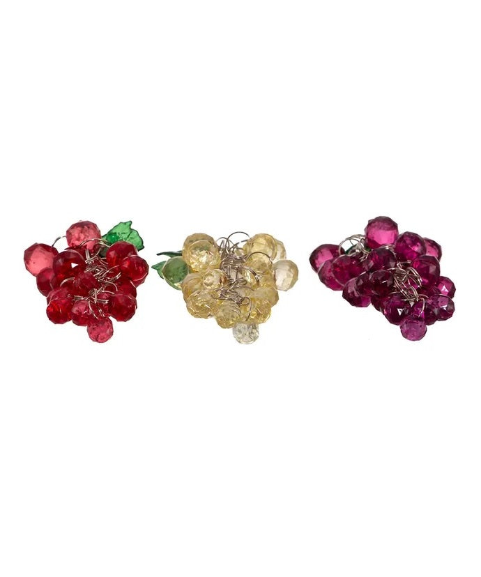 Ornament shaped like a cluster of grapes. There are three options. One is purple, one is green and one is burgundy.