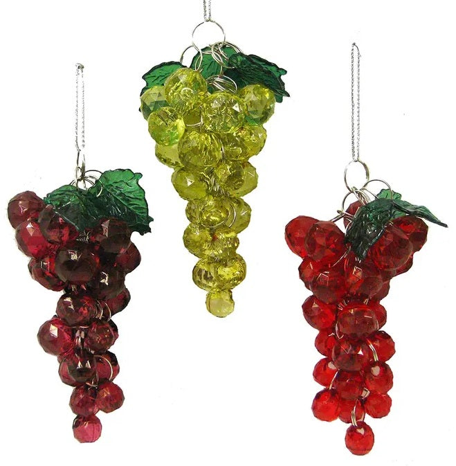 Ornament shaped like a cluster of grapes. There are three options. One is purple, one is green and one is burgundy.