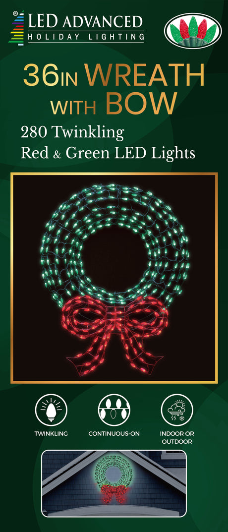 LED wreath wire decoration. Pre-lit with green and red lights.