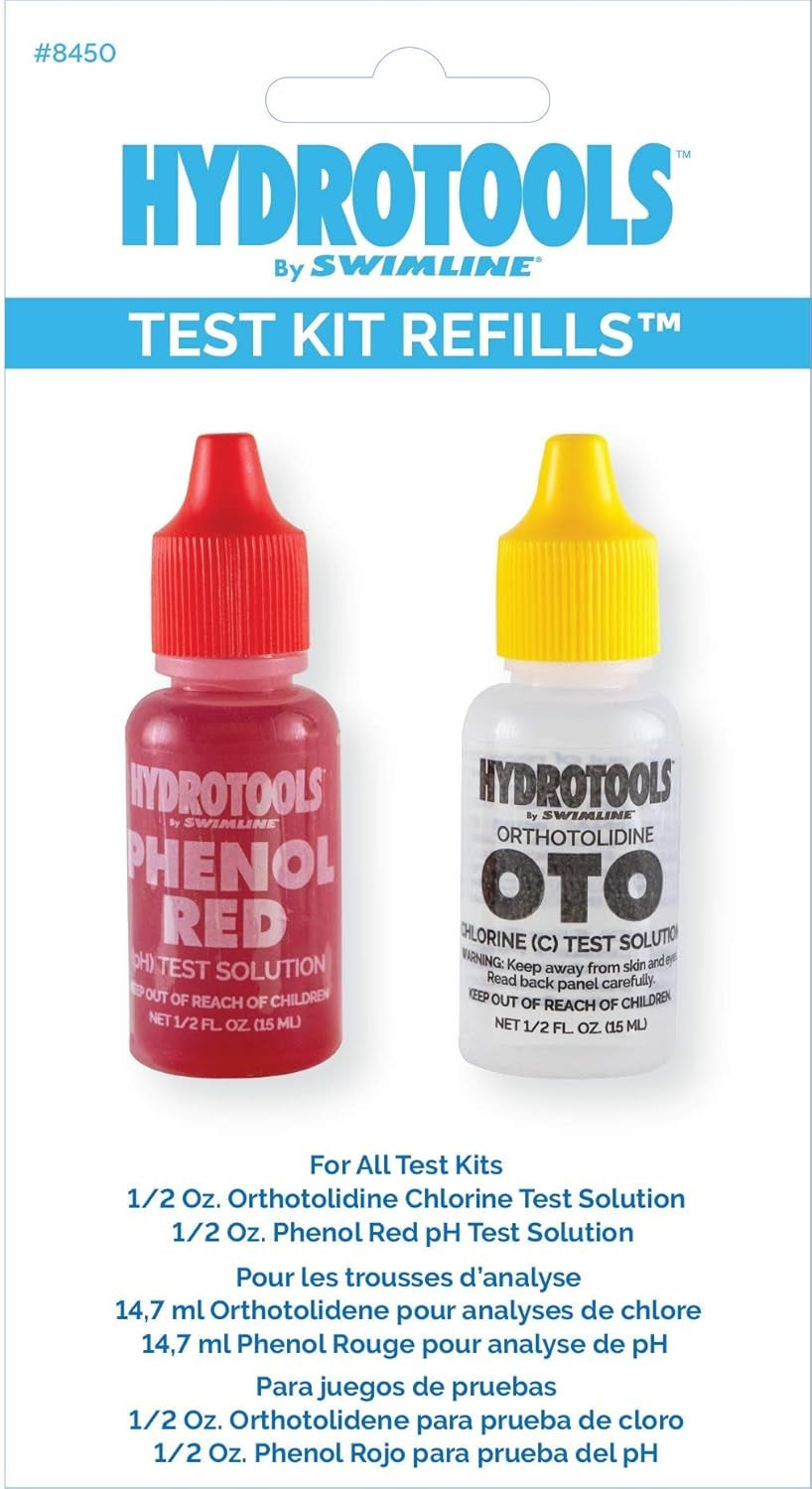 This Test Kit Refill is for use with Hydrotools Model 8410 and 8420 test kits. Included: One (1) each ½ ounce bottle of Phenol Red pH level test solution and One (1) each ½ ounce bottle of OTO Chlorine/Bromide level test solution.