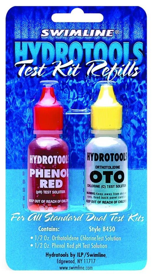 This Test Kit Refill is for use with Hydrotools Model 8410 and 8420 test kits. Included: One (1) each ½ ounce bottle of Phenol Red pH level test solution and One (1) each ½ ounce bottle of OTO Chlorine/Bromide level test solution.