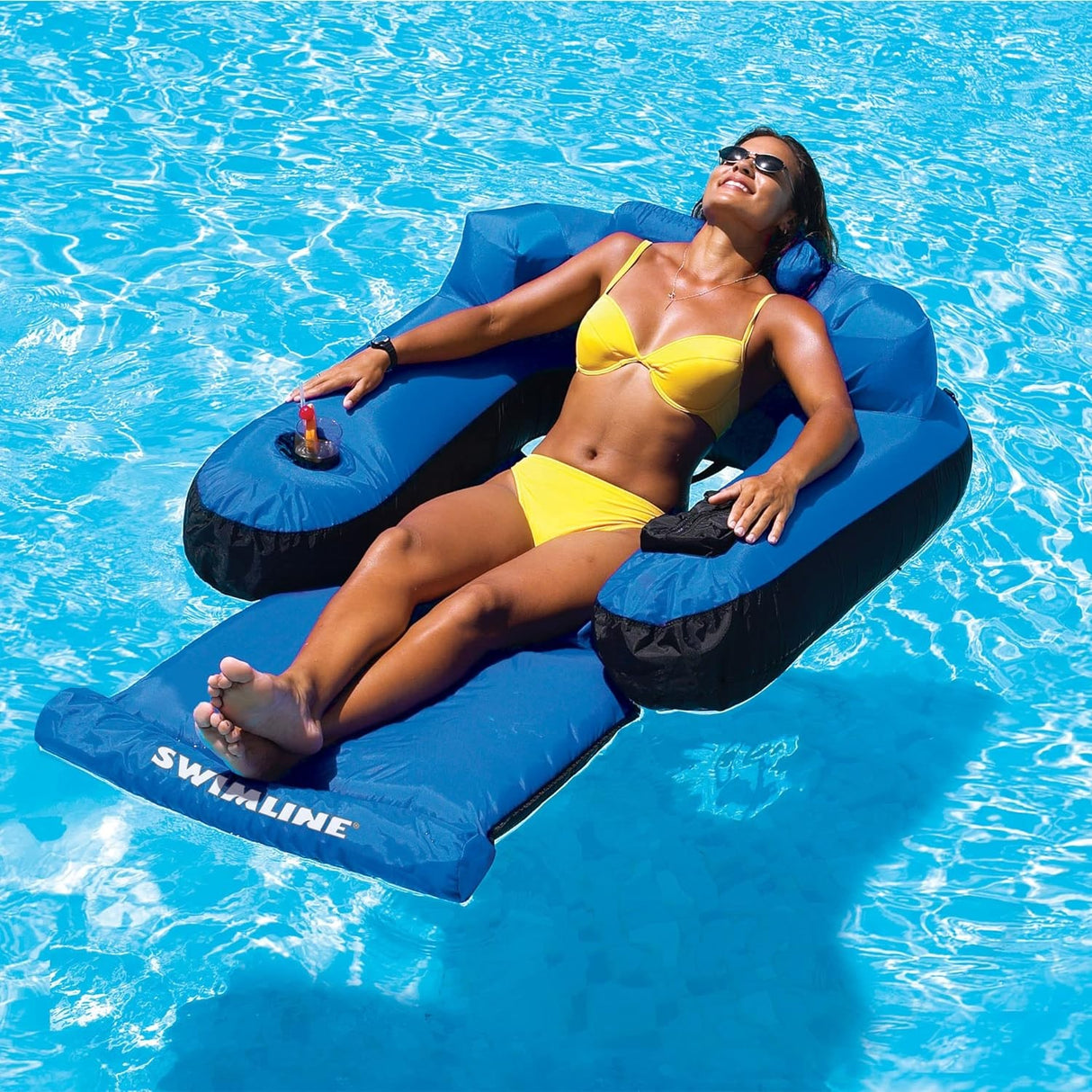 Nylon fabric covered inflatable pool chair.