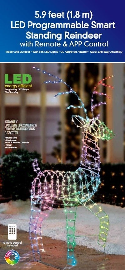 Outdoor decoration shaped like a reindeer with programmable LED lights.
