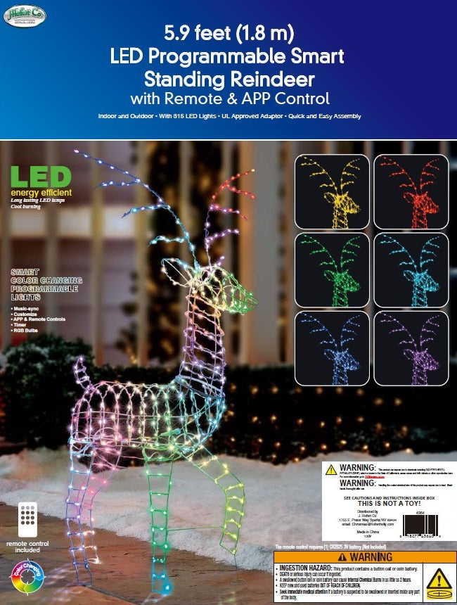 Outdoor decoration shaped like a reindeer with programmable LED lights.