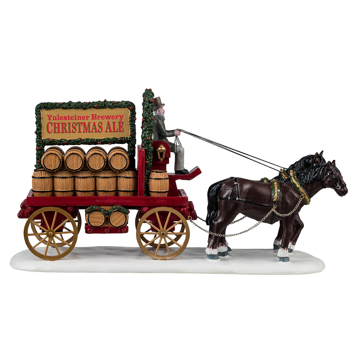 Resin figure for a Lemax Village display. Designed to look like two horses pulling a wagon full of barrels of ale. The wagon is decorated with garland. The man holding the reins for the horses is wearing a suit and top hat and has a long white beard. The ground has snow on it.