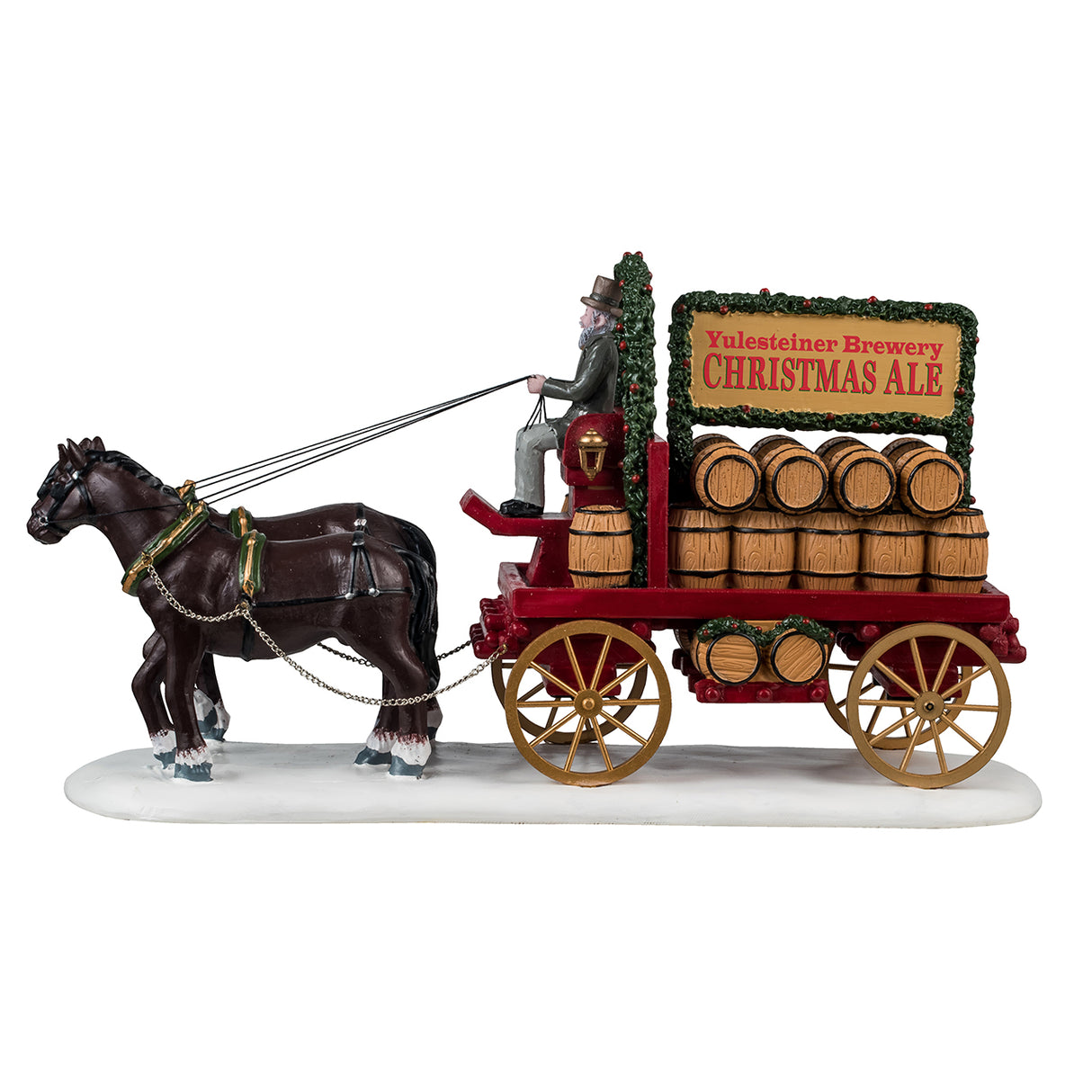 Resin figure for a Lemax Village display. Designed to look like two horses pulling a wagon full of barrels of ale. The wagon is decorated with garland. The man holding the reins for the horses is wearing a suit and top hat and has a long white beard. The ground has snow on it.