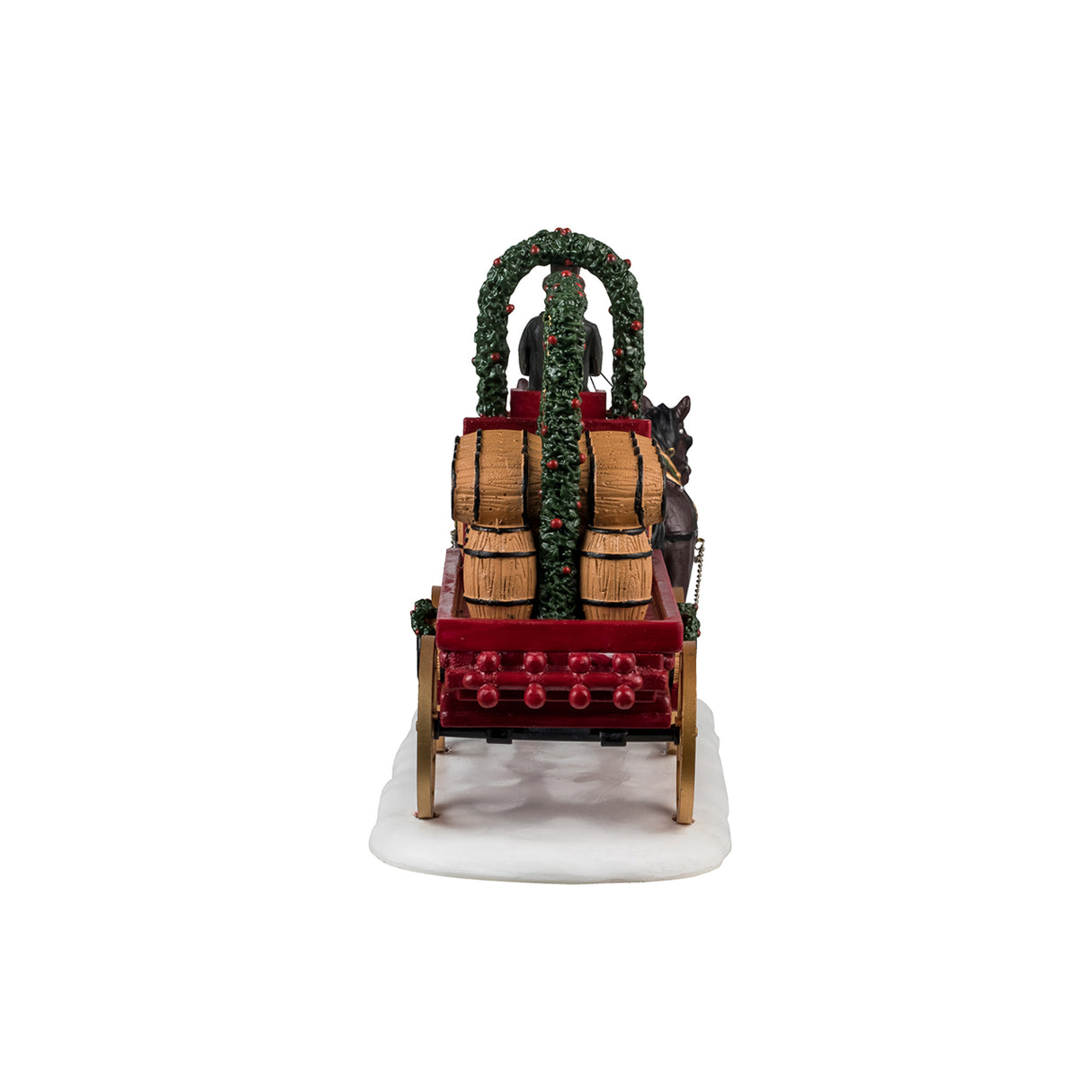 Resin figure for a Lemax Village display. Designed to look like two horses pulling a wagon full of barrels of ale. The wagon is decorated with garland. The man holding the reins for the horses is wearing a suit and top hat and has a long white beard. The ground has snow on it.