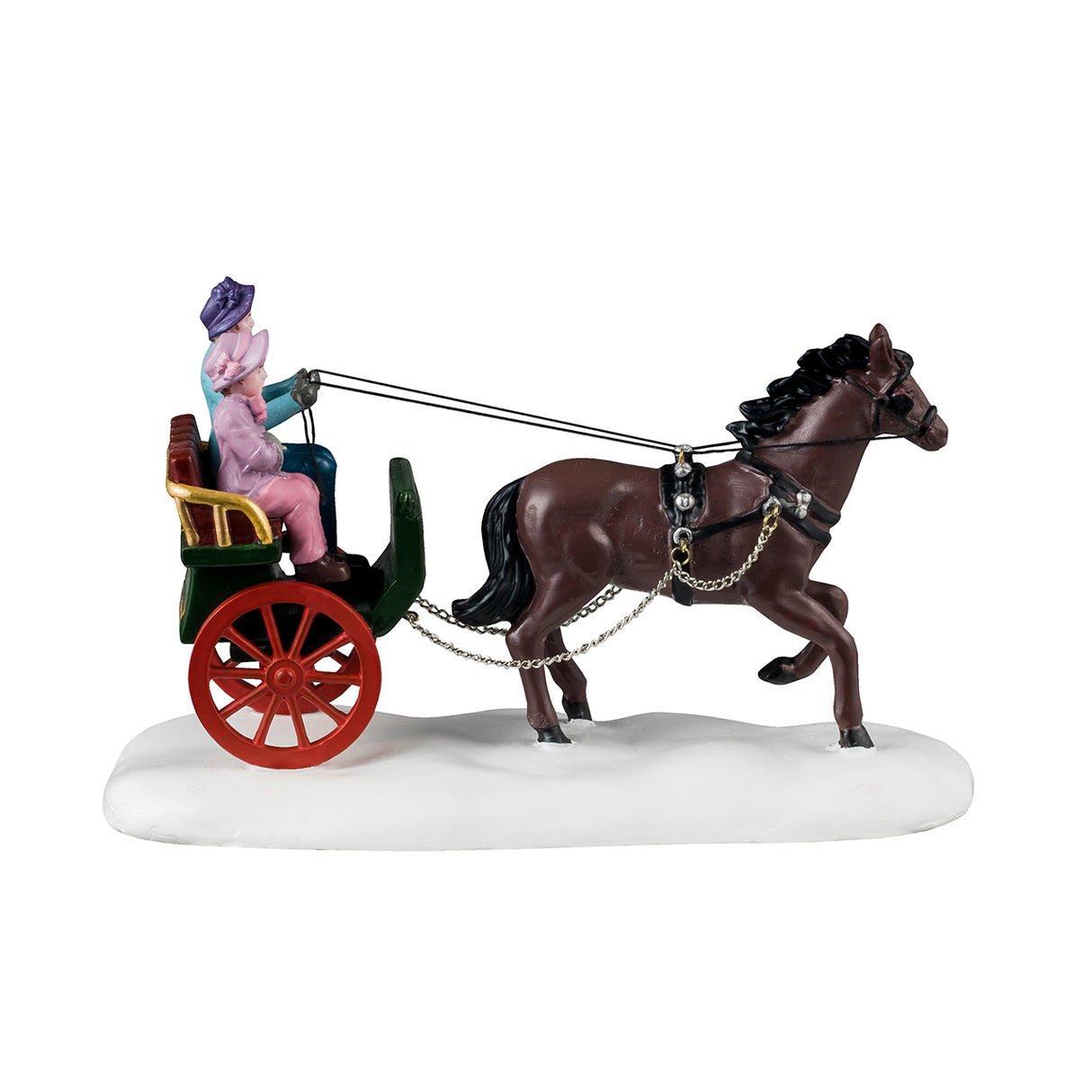 Resin figurine for a Lemax display. Designed to look like a mom and a daughter riding in a carriage pulled by a brown horse. They're both wearing winter clothes and the ground is covered in snow.