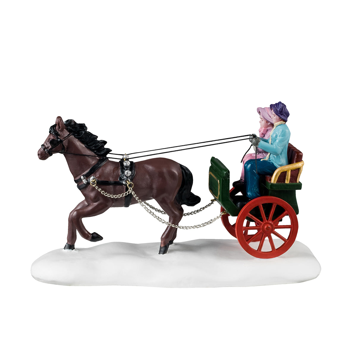 Resin figurine for a Lemax display. Designed to look like a mom and a daughter riding in a carriage pulled by a brown horse. They're both wearing winter clothes and the ground is covered in snow.