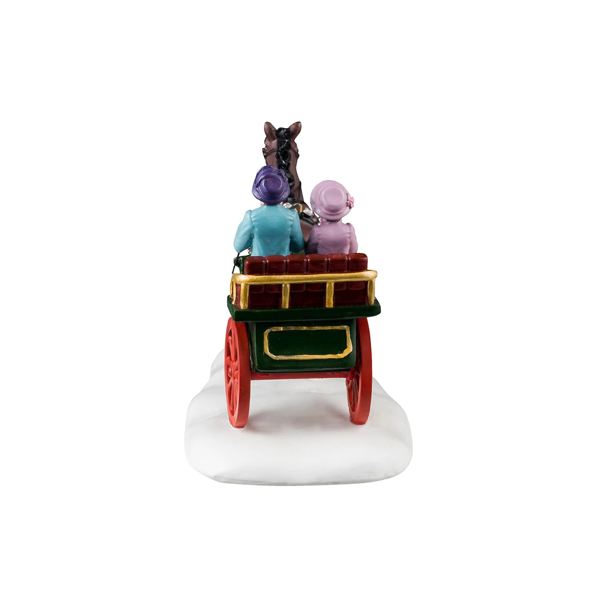 Resin figurine for a Lemax display. Designed to look like a mom and a daughter riding in a carriage pulled by a brown horse. They're both wearing winter clothes and the ground is covered in snow.