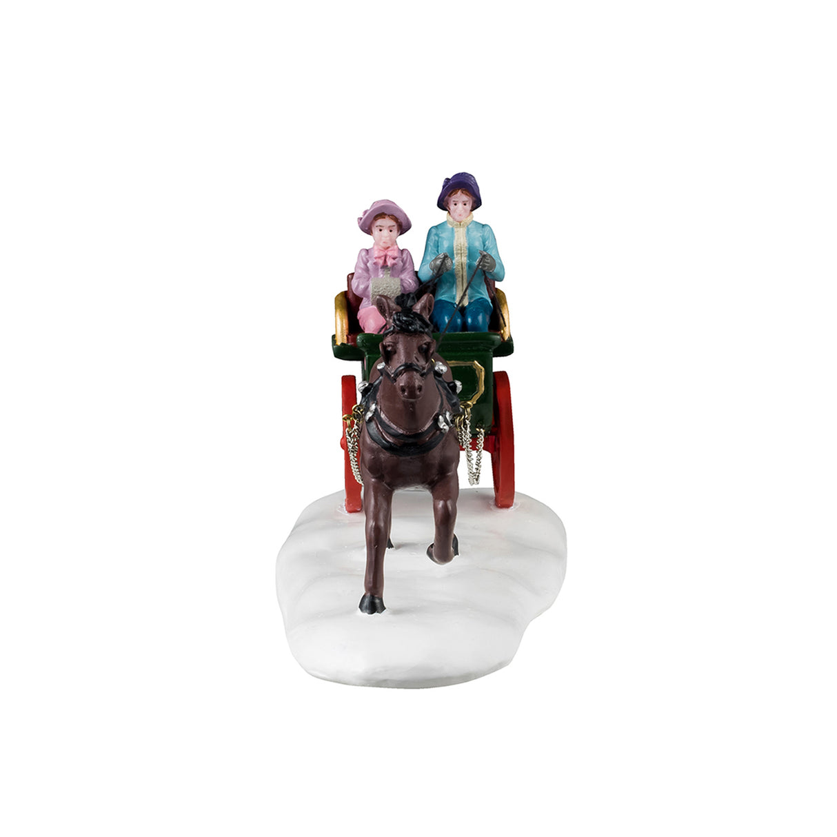 Resin figurine for a Lemax display. Designed to look like a mom and a daughter riding in a carriage pulled by a brown horse. They're both wearing winter clothes and the ground is covered in snow.