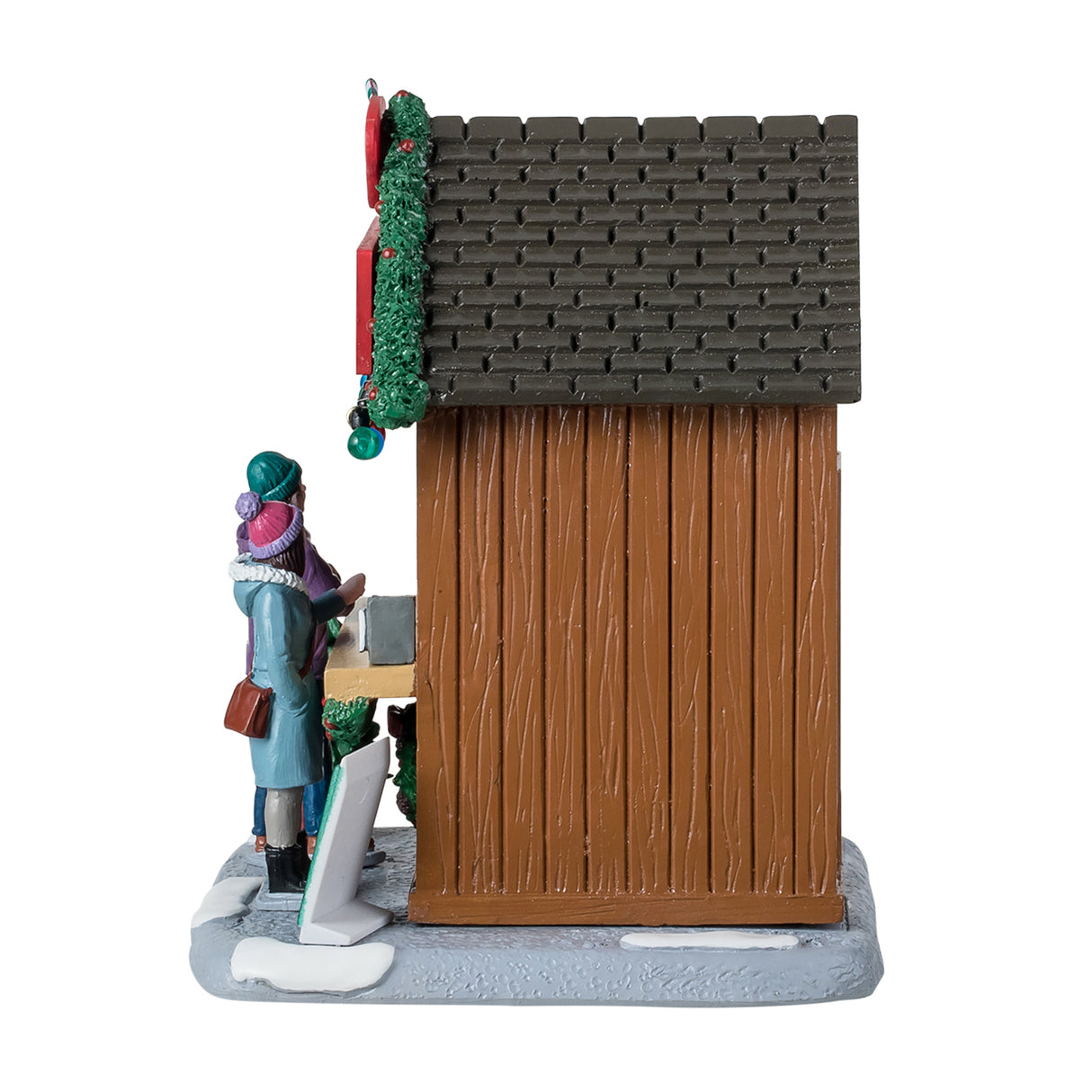 Resin table accent for a Lemax display. Designed to look like a wooden booth that's been decorated for Christmas. This is the side of the booth, showing off the wooden construction and the brown roof.