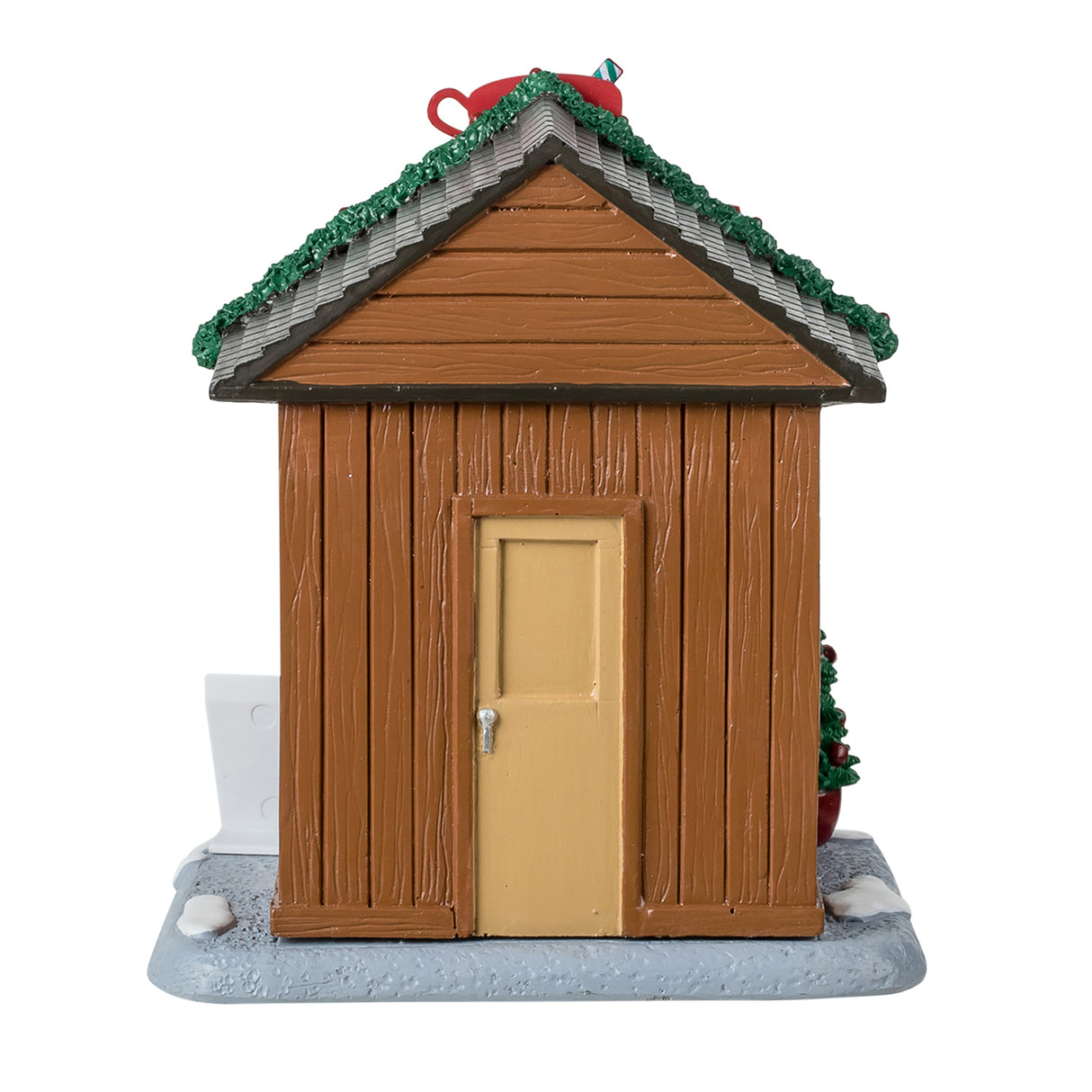 Resin table accent for a Lemax display. Designed to look like a wooden booth that's been decorated for Christmas. This is the back of the booth, showing off the wooden construction and the pale yellow door.