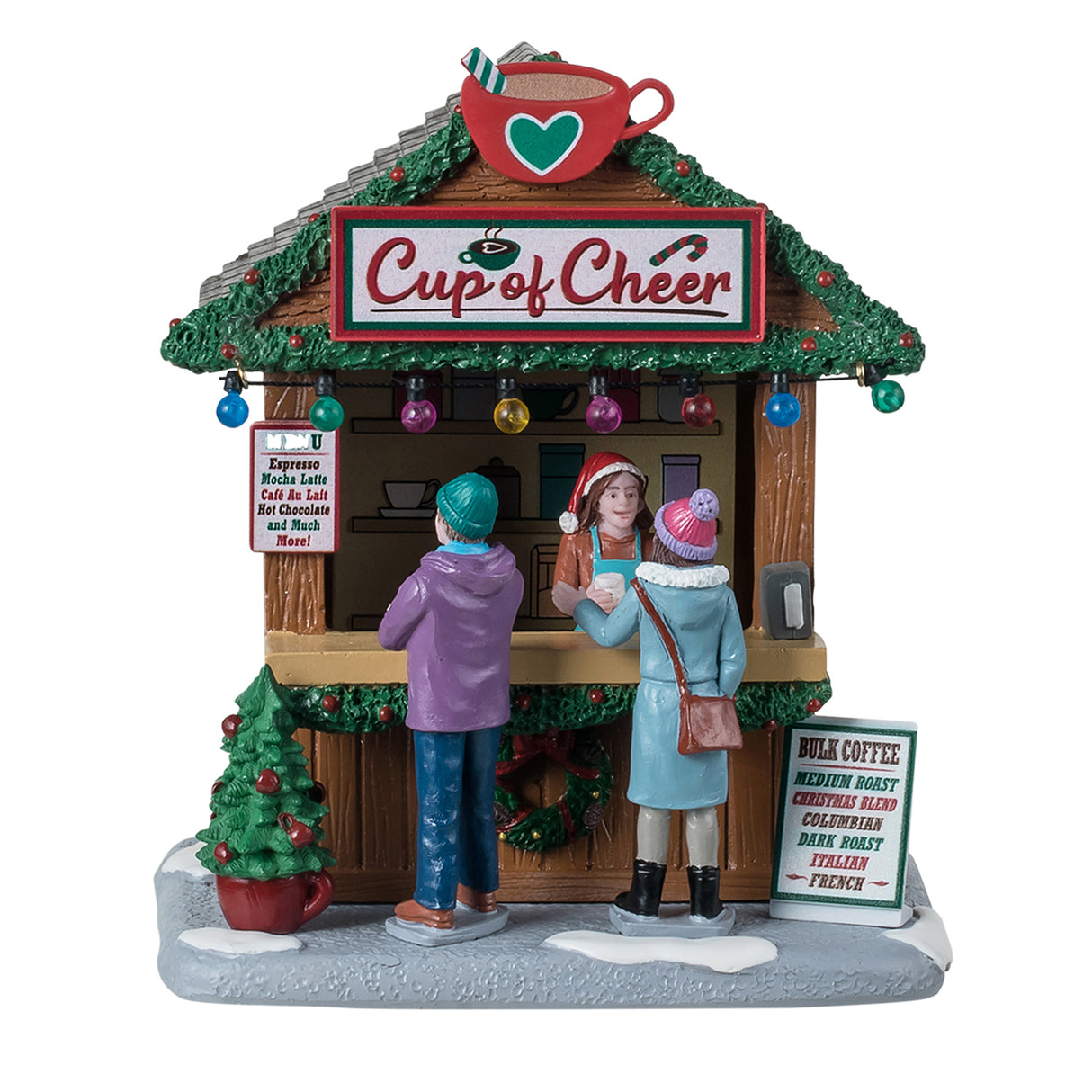 Resin table accent for a Lemax display. Designed to look like a wooden booth that's been decorated for Christmas. The sign reads "Cup of Cheer" and features a large, red mug of coffee with a green peppermint stick hanging out of it. There are multi-colored lights hanging from the roof, along with decorated garland. The vendor behind the counter wears a Santa hat. There are two people ordering drinks. There's snow on the ground and two menus listing what you can order.