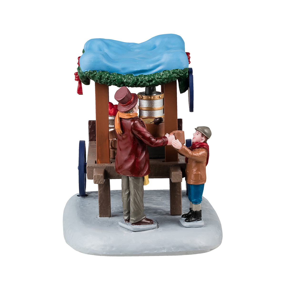 Resin table accent for a Lemax Village tabletop display. Designed to look like a wooden vendor cart. The sign reads "Coffee Wassail." The roof above the carriage is a light blue color and features a green garland around the edges. The vendor is wearing a marron jacket and top hat and is handing a cup to a young child wearing winter clothes. Inside the cart, there's a coffee maker and bowl of wassail warming over a heater.
