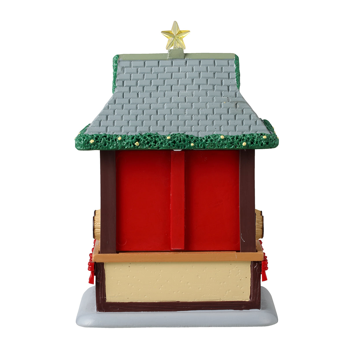 Resin table accentstar on the roof and garland on the edges of the for a Lemax display. Designed to look like a wooden booth with a stone roof. There's a star on the roof and garland around the edges of the roof. The sign reads "Glühwein." There's a smiling vendor behind the bar of the booth wearing a green top hat. The wall behind the vendor features a bunch of different bottles and there are barrels of alcohol. There's a garland around the bottom of the booth's bar and features a bunch of red bows.