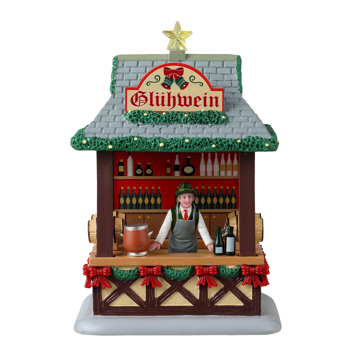 Resin table accentstar on the roof and garland on the edges of the for a Lemax display. Designed to look like a wooden booth with a stone roof. There's a star on the roof and garland around the edges of the roof. The sign reads "Glühwein." There's a smiling vendor behind the bar of the booth wearing a green top hat. The wall behind the vendor features a bunch of different bottles and there are barrels of alcohol. There's a garland around the bottom of the booth's bar and features a bunch of red bows.