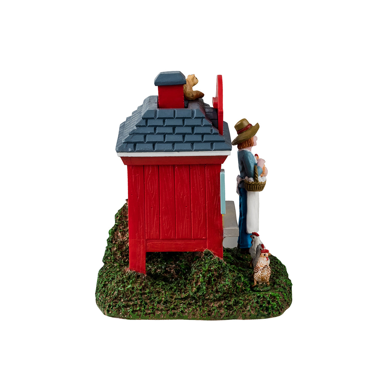 Resin table accent for a Lemax display. Designed to look like a red booth on a grassy patch. There's a sign on the roof that reads "Farm Fresh Eggs. $3.00 a Dozen." There's a cat lounging on the roof and three chickens standing on the ground. The booth is filled with shelves of eggs with a yellow box on the counter. Another sign reads "Honor System. Please put cash in box, thank you." A young girl stands near the booth holding a chicken and a basket of eggs. She's wearing a floppy hat and a white apron.