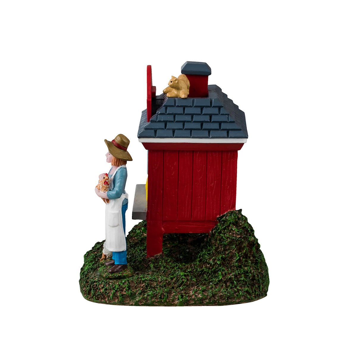 Resin table accent for a Lemax display. Designed to look like a red booth on a grassy patch. There's a sign on the roof that reads "Farm Fresh Eggs. $3.00 a Dozen." There's a cat lounging on the roof and three chickens standing on the ground. The booth is filled with shelves of eggs with a yellow box on the counter. Another sign reads "Honor System. Please put cash in box, thank you." A young girl stands near the booth holding a chicken and a basket of eggs. She's wearing a floppy hat and a white apron.