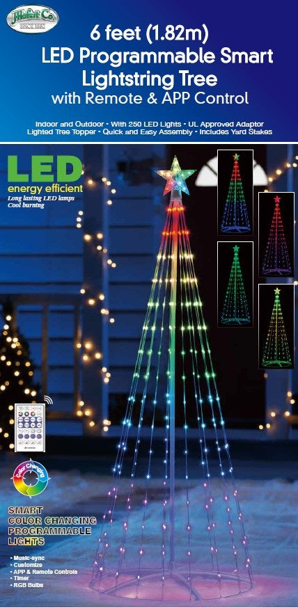 Six foot string tree pre-lit with LED lights that you can control via an app.