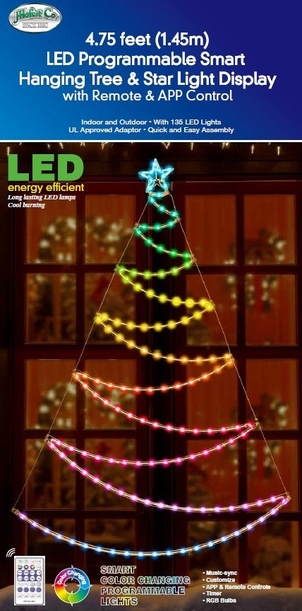 2D hanging light decoration shaped like a tree. LED lights can be controlled by an app.