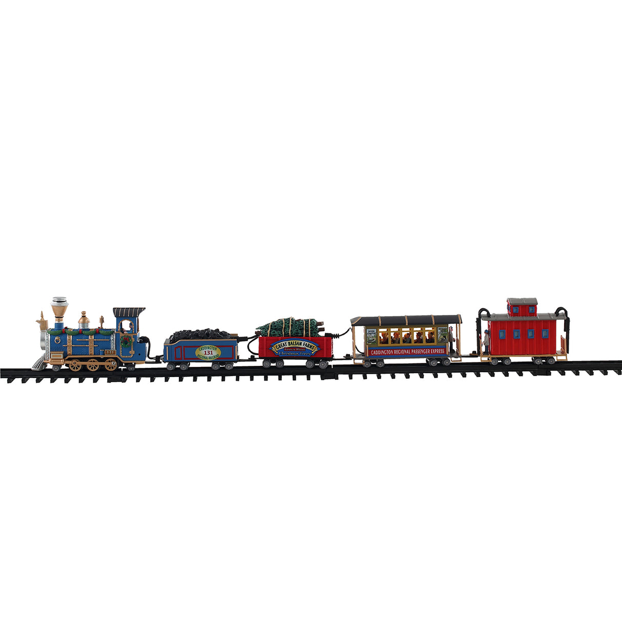 Resin railroad track with five train cars for a Lemax Village display. Head train is decorated with garland and wreaths. Second train car reads "Caddington Regional Railroad car 131." The next car is transporting trees and the car reads "Great Balsam Farms." The next car is a passenger express. The last car is red and features a man standing outside.