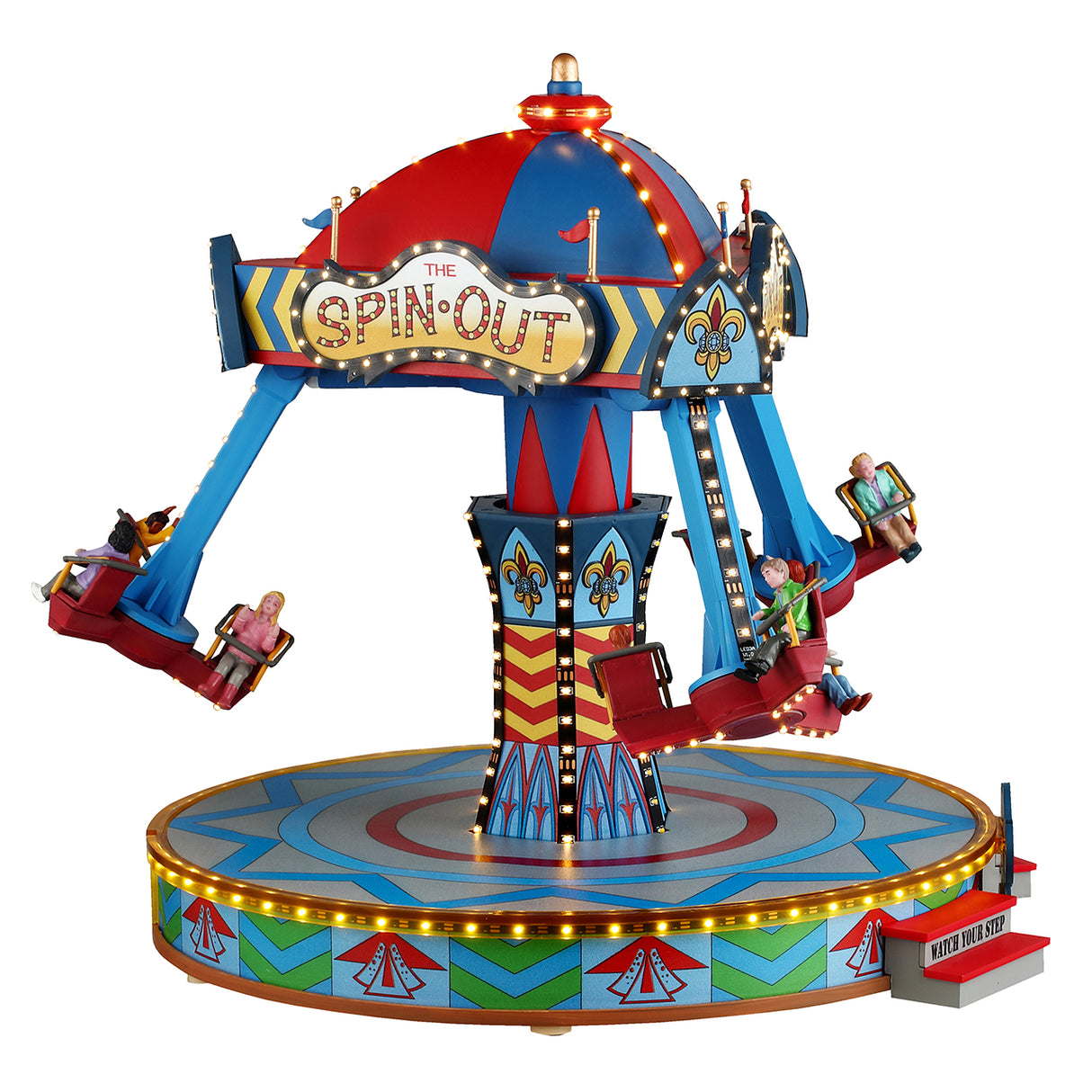 Plastic, animated village accent for a Lemax Carnival display. Designed to look like a colorful carnival ride called "The Spin Out." The seats fly back and forth and side to side. There are people enjoying the ride. There's a sign at the bottom that reads "This ride takes 5 tickets." There are also steps at the bottom with signs that read "Watch Your Step."