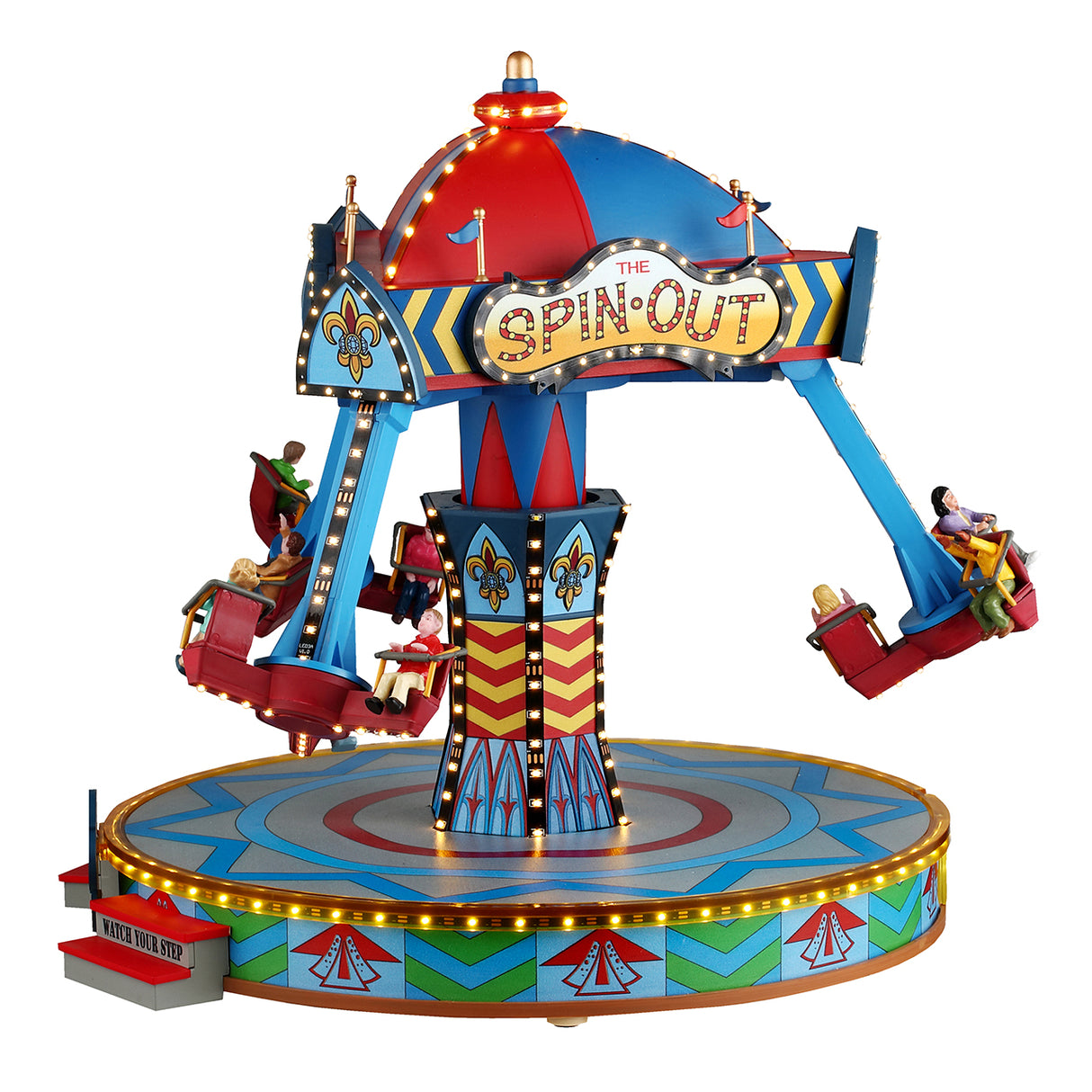 Plastic, animated village accent for a Lemax Carnival display. Designed to look like a colorful carnival ride called "The Spin Out." The seats fly back and forth and side to side. There are people enjoying the ride. There's a sign at the bottom that reads "This ride takes 5 tickets." There are also steps at the bottom with signs that read "Watch Your Step."