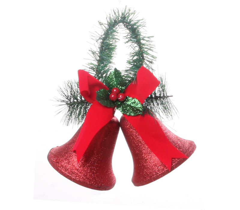 100MM Red Glitter Bell Ornament with Pine Handle