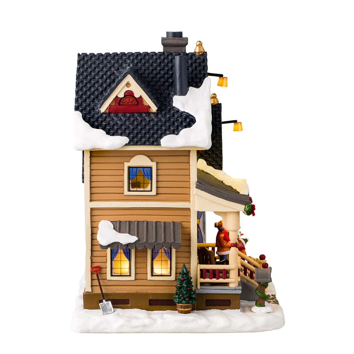 Resin lighted building for a Lemax display. Designed to look like a charming house covered in snow and decorated with wreaths and garlands. There are two children who just made a snowman and are now waving at Grandma in the window.