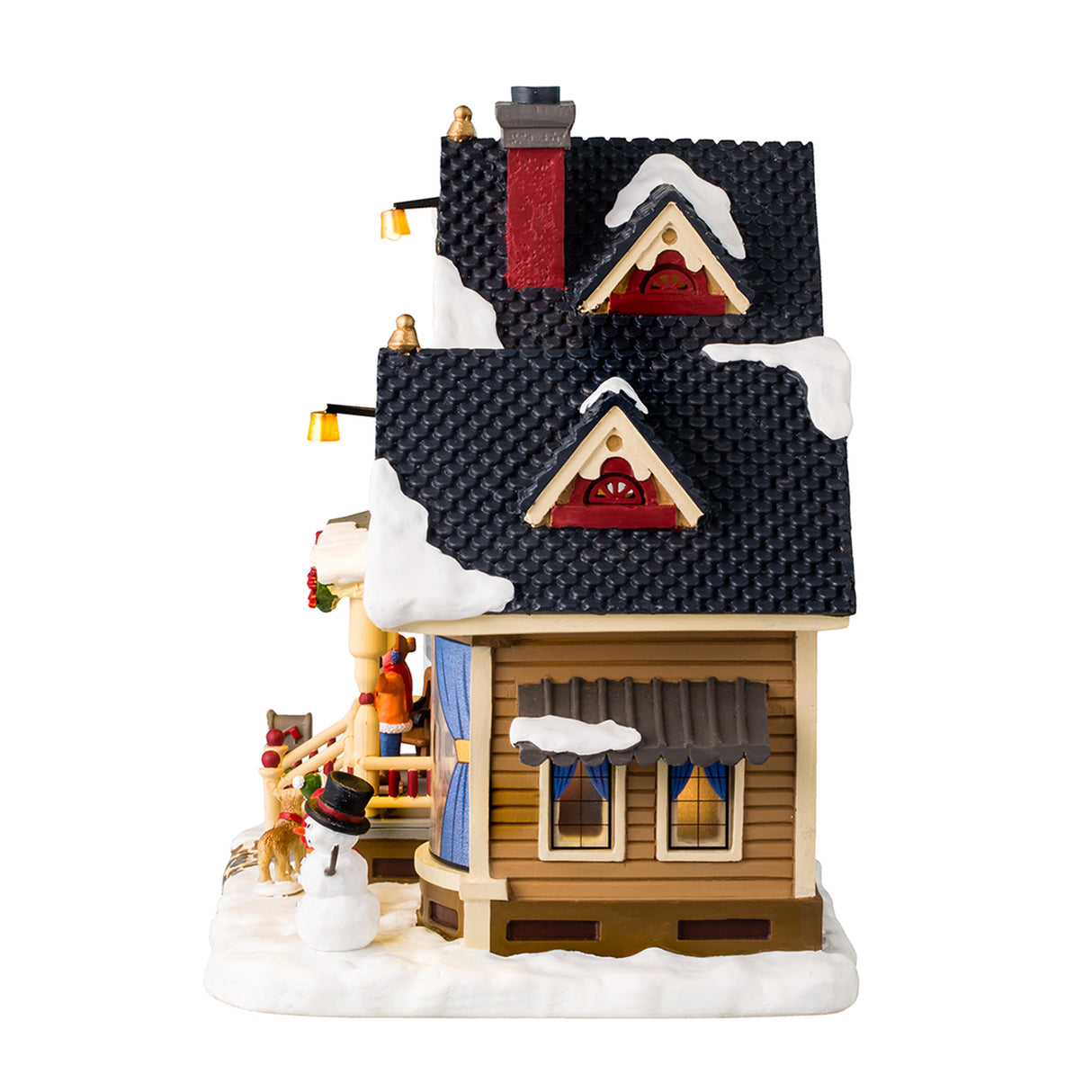 Resin lighted building for a Lemax display. Designed to look like a charming house covered in snow and decorated with wreaths and garlands. There are two children who just made a snowman and are now waving at Grandma in the window.
