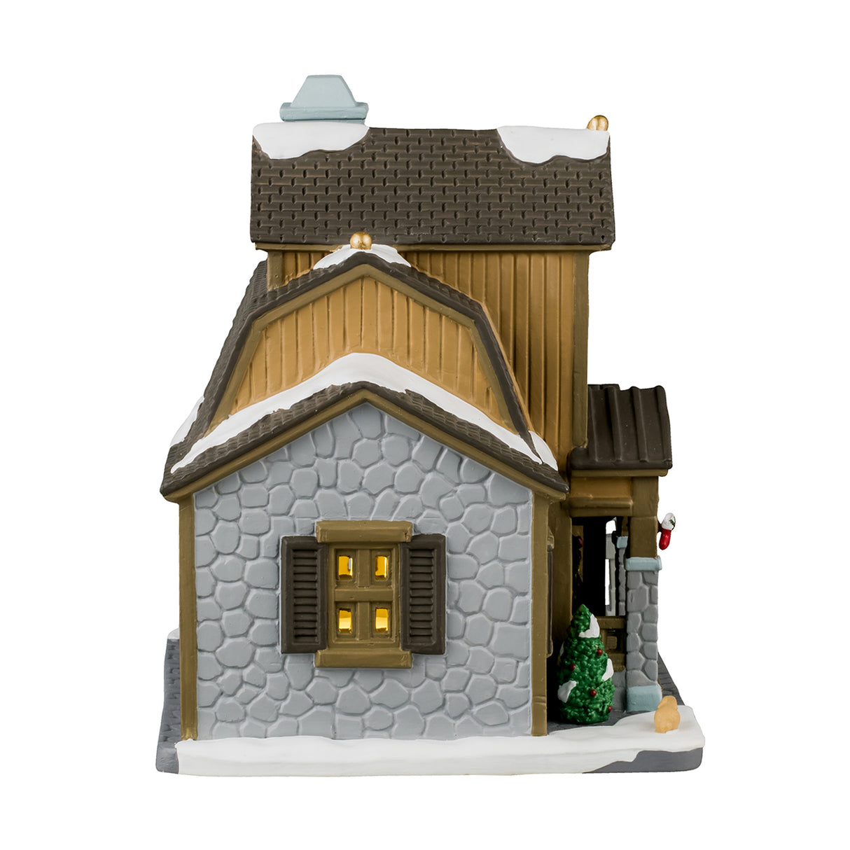 Porcelain lighted building for a Lemax display. Designed to look like a charming house covered in snow. There's a decorated wreath near the roof and on the front door. There's a decorated tree outside and stockings hanging on the sides of the entrance. You can see someone painting inside. The sign on the building reads "Aspen Artist's Lofts" and the sign outside the porch reads "Holiday Art Sale!" There's a cute bunny in the snow and a squirrel on a column near the porch.