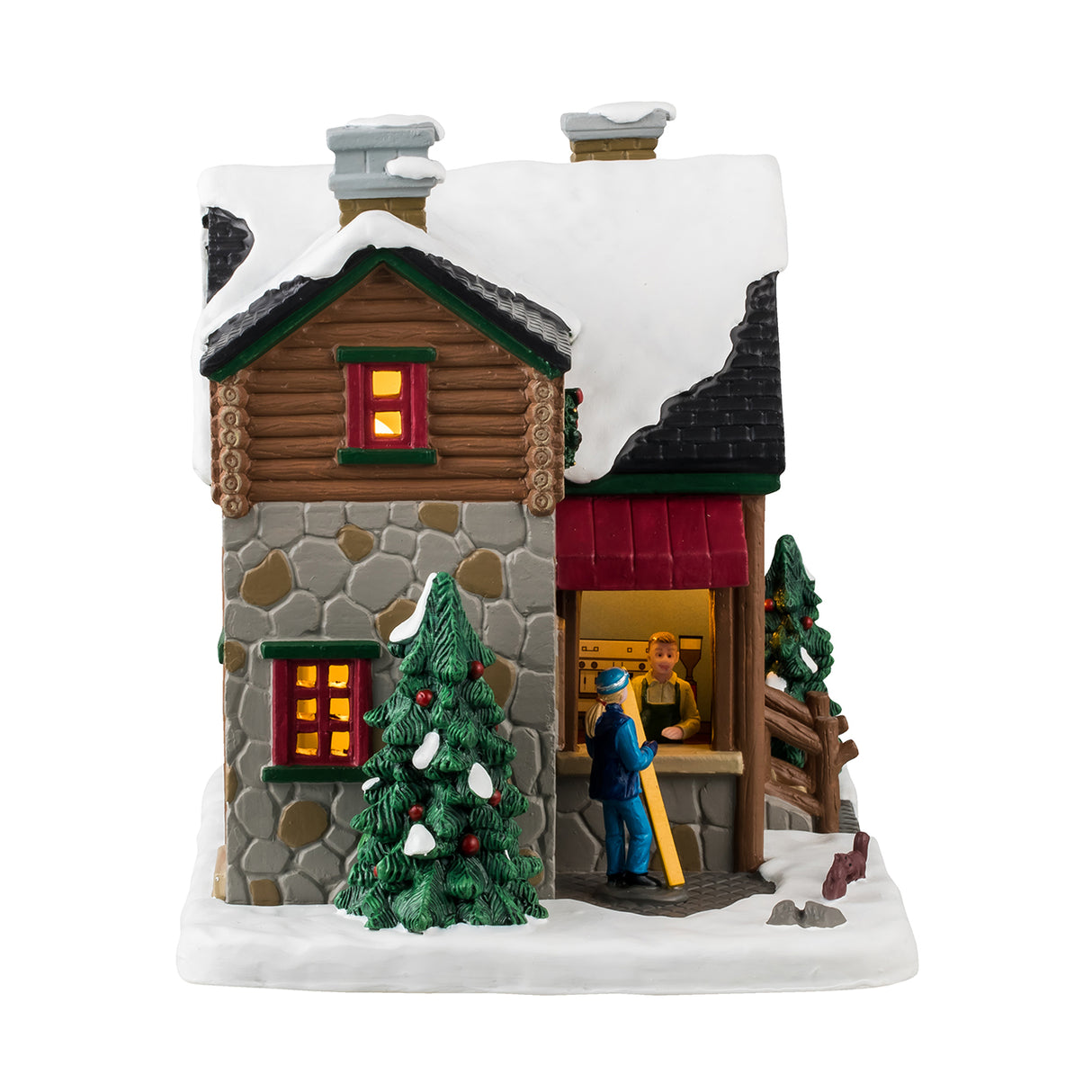 Porcelain lighted building for a Lemax display. Designed to look like a log cabin with stone accents. There's snow on the roof and wreath accents. The sign at the front door reads "Winter's Haven Care." There's a booth where a woman is checking out some skis next to a group of squirrels who are playing in the snow.