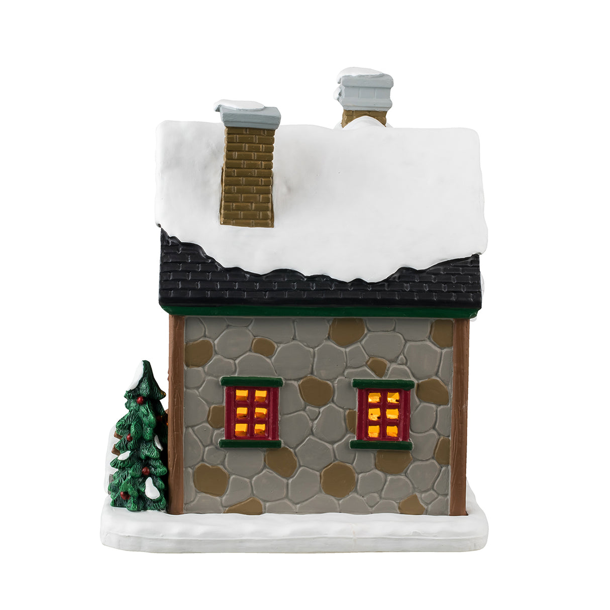 Porcelain lighted building for a Lemax display. Designed to look like a log cabin with stone accents. There's snow on the roof and wreath accents. The sign at the front door reads "Winter's Haven Care." There's a booth where a woman is checking out some skis next to a group of squirrels who are playing in the snow.
