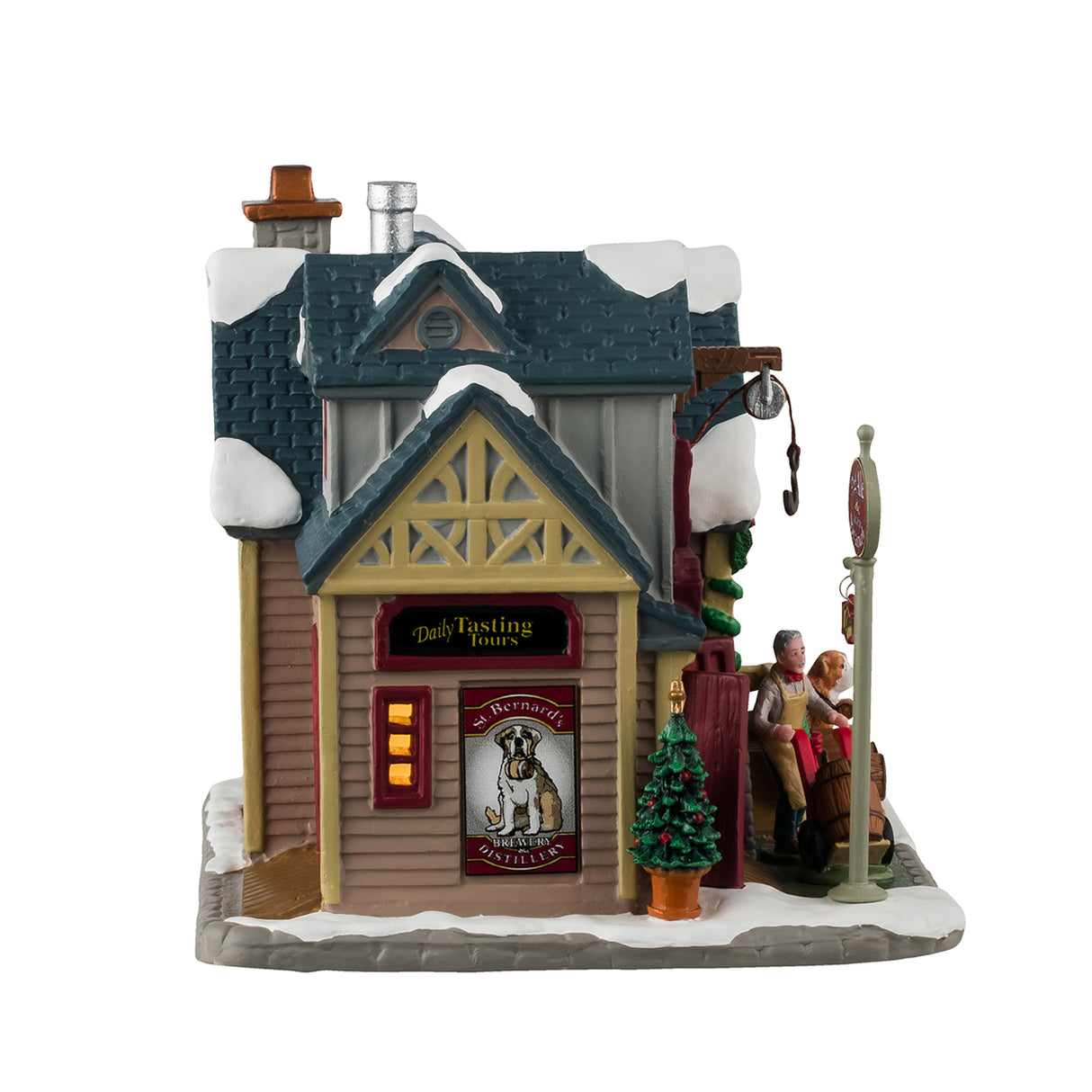 Porcelain lighted building for a Lemax display. Designed to look like a brewery with snow on the roof. There are garland and wreath accents. There are barrels everywhere and a man pushing a cart with a barrel inside. There's a St. Bernard dog standing watch in front.