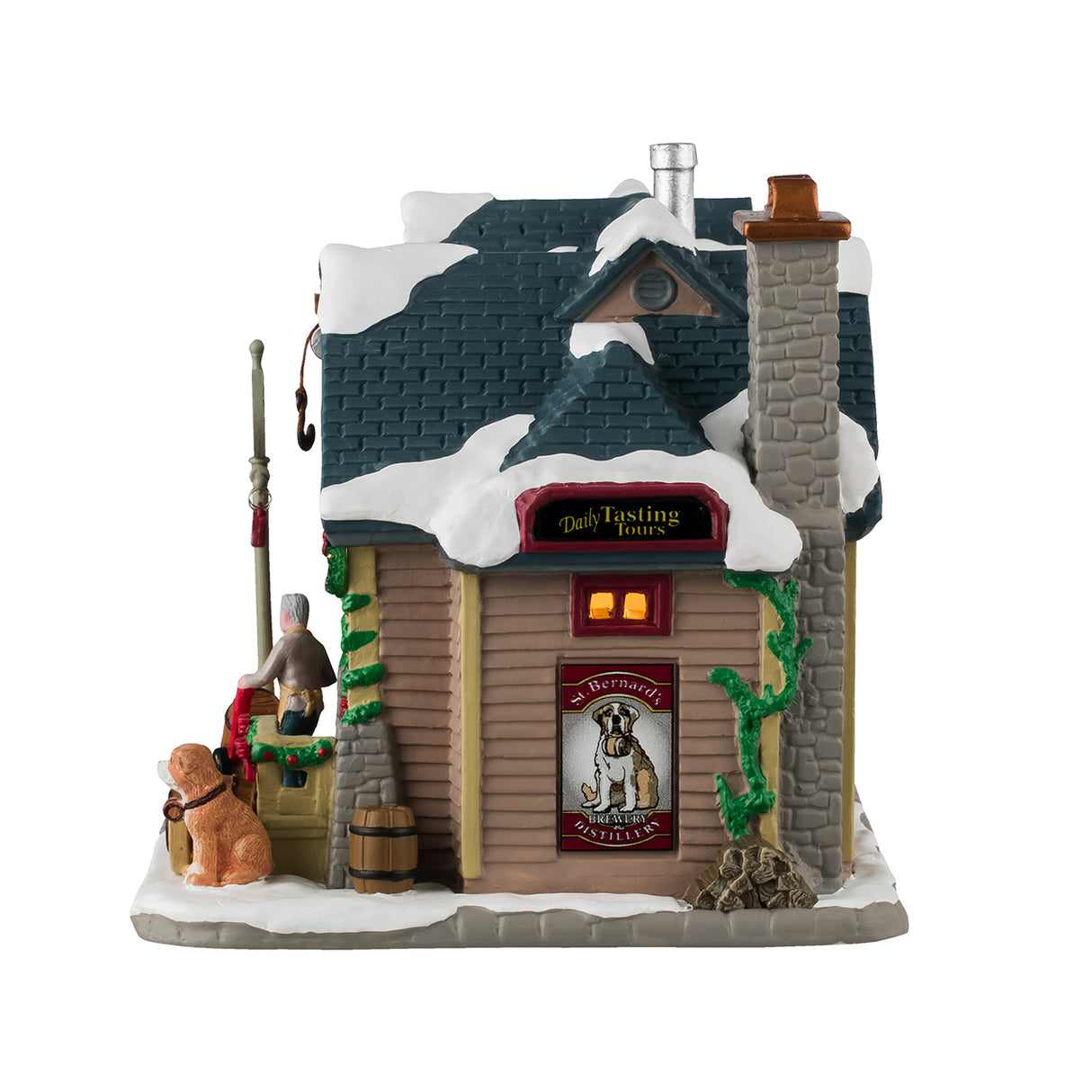 Porcelain lighted building for a Lemax display. Designed to look like a brewery with snow on the roof. There are garland and wreath accents. There are barrels everywhere and a man pushing a cart with a barrel inside. There's a St. Bernard dog standing watch in front.