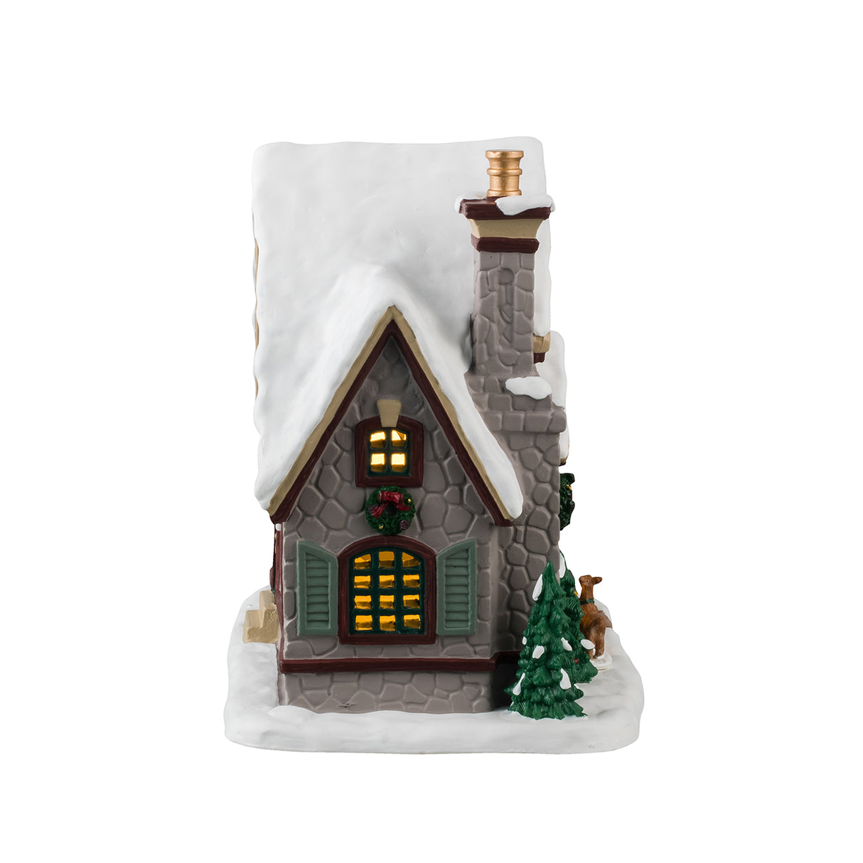 Porcelain lighted building for a Lemax display. Designed to look like a charming, stone cabin covered in snow. There are decorated wreaths and red bows everywhere. There are snow covered trees and bushes around the property. There's a deer looking into the window and a squirrel standing next to a shovel.