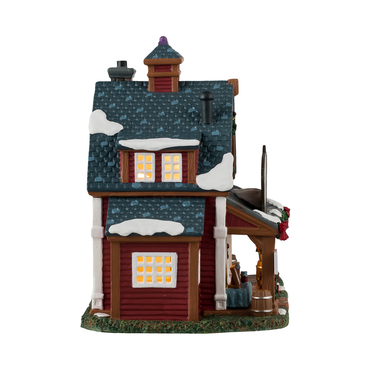 Porcelain lighted building for a Lemax display. Designed to look like a cabin with snow on the roof. There are decorated garlands and wreaths and red ribbons and poinsettias everywhere. There are signs that read: "Yes! We're open," "Christmas Sale 30% off," "Homemade honey and jelly" and "Preserves: Honey, Jellies, Apple Butter."