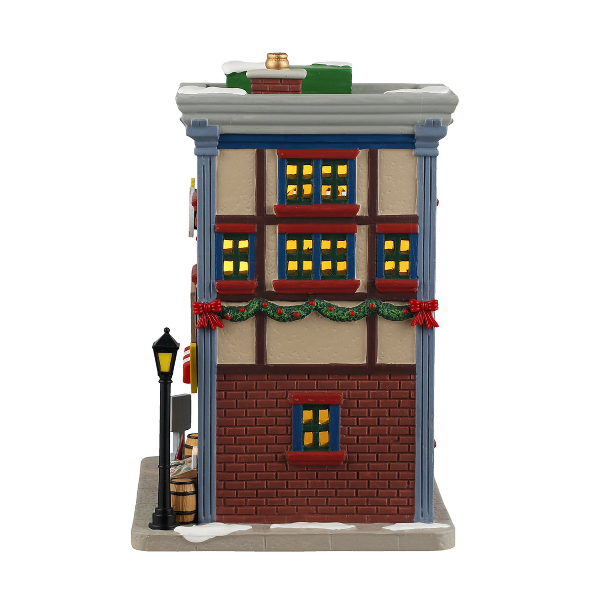 Porcelain lighted building for a Lemax display. Designed to look like two, colorful shops in the West Side Market. The shop on the left is Bob's Sausage Shoppe & Butcher. There's a wreath on the door and you can see the meat hanging inside. There's a sign on the ground that reads "SALE BOGO." The shop on the right is called Bennet the Fishmonger. You can see all the fish inside.
