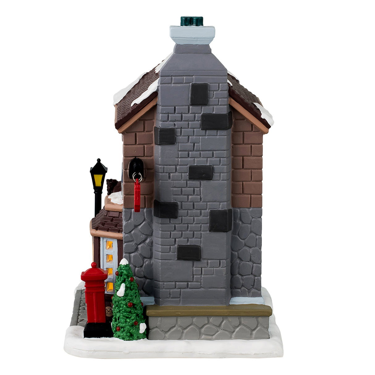 Porcelain lighted building for a Lemax display. Designed to look like a brick and stone building. There's snow on the roof and on the sidewalk. The sign above the door reads "Clearview Post Office."