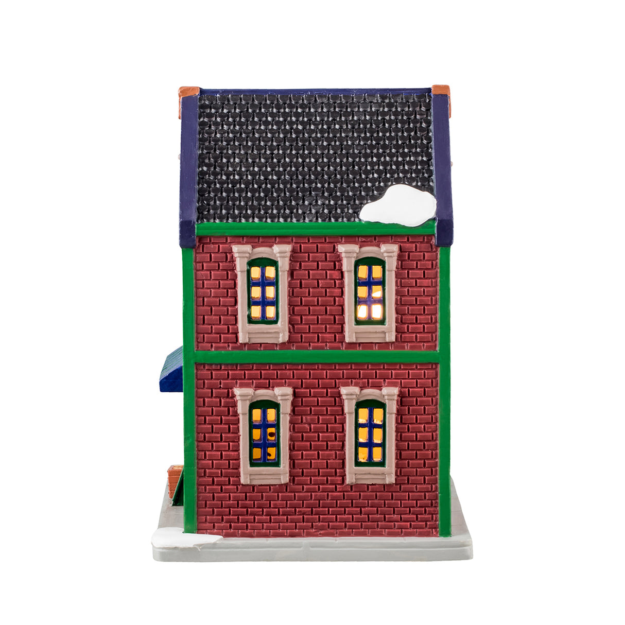 Porcelain lighted building for a Lemax display. Designed to look like a brick building with snow on the roof and the sidewalk. The signs read "The Tobacco & Gift Emporium" and "Special Today: Cheroots 2 for 1." There's a decorated wreath on the door. Through the window in the front, you can see a man buying cigars from a man behind a counter.